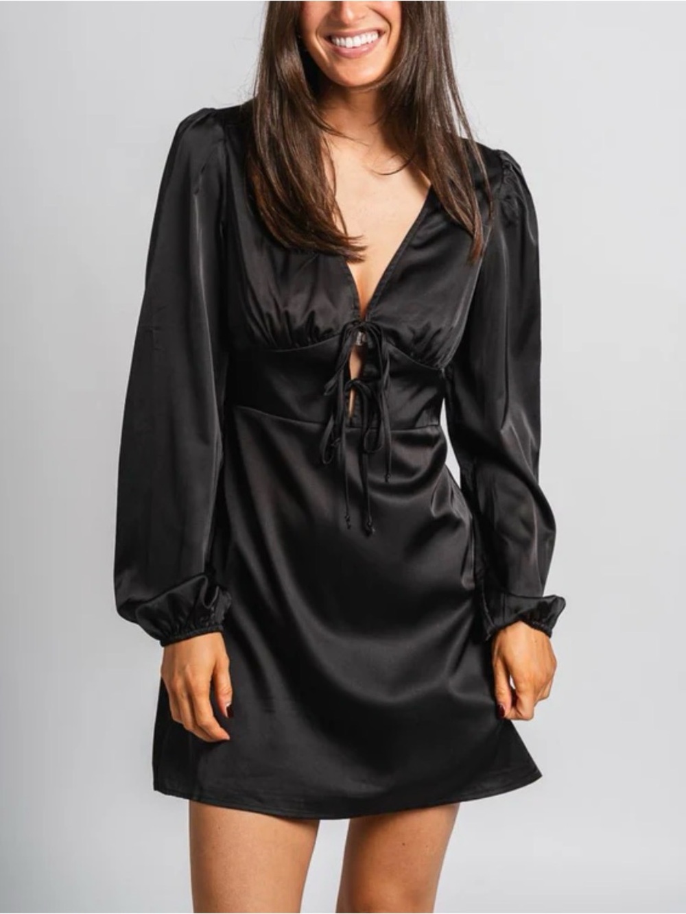 NWT Papermoon Black Long-Sleeve Tie-Front Satin Mini Dress